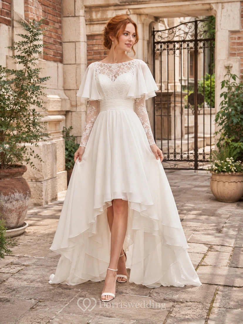 Vestido de novia asimétrico de encaje con mangas de volantes