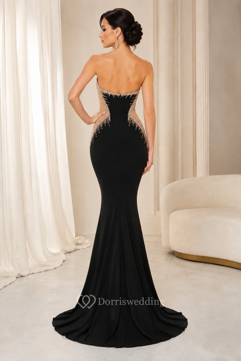 Black Strapless Mermaid Evening Dress with Crystal Beaded Bodice and Feather-Like Detail view 2