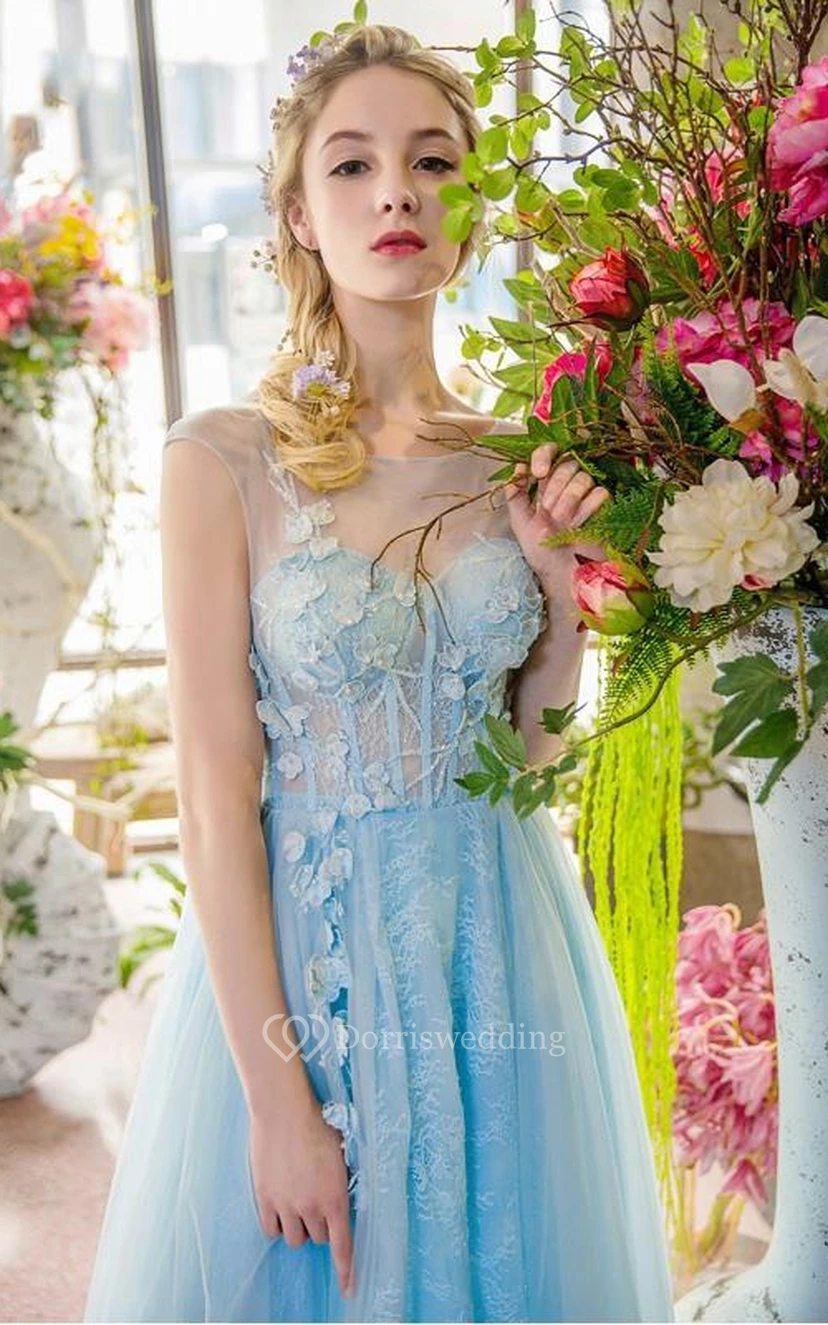A-Line Bateau Appliques Beading Lace Sweep Train Prom Dress view 3