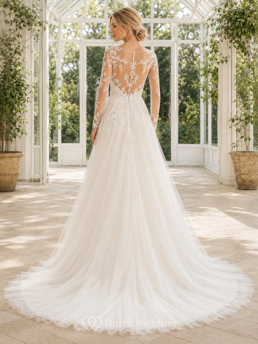Robe de mariée trapèze en tulle et dentelle florale à col en V et manches illusion longues view 2