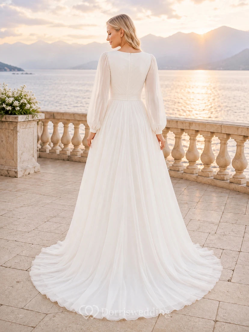 Vestido de novia de gasa con escote en V, corte imperio, manga larga abullonada, estilo corte A, cola de la corte. view 2