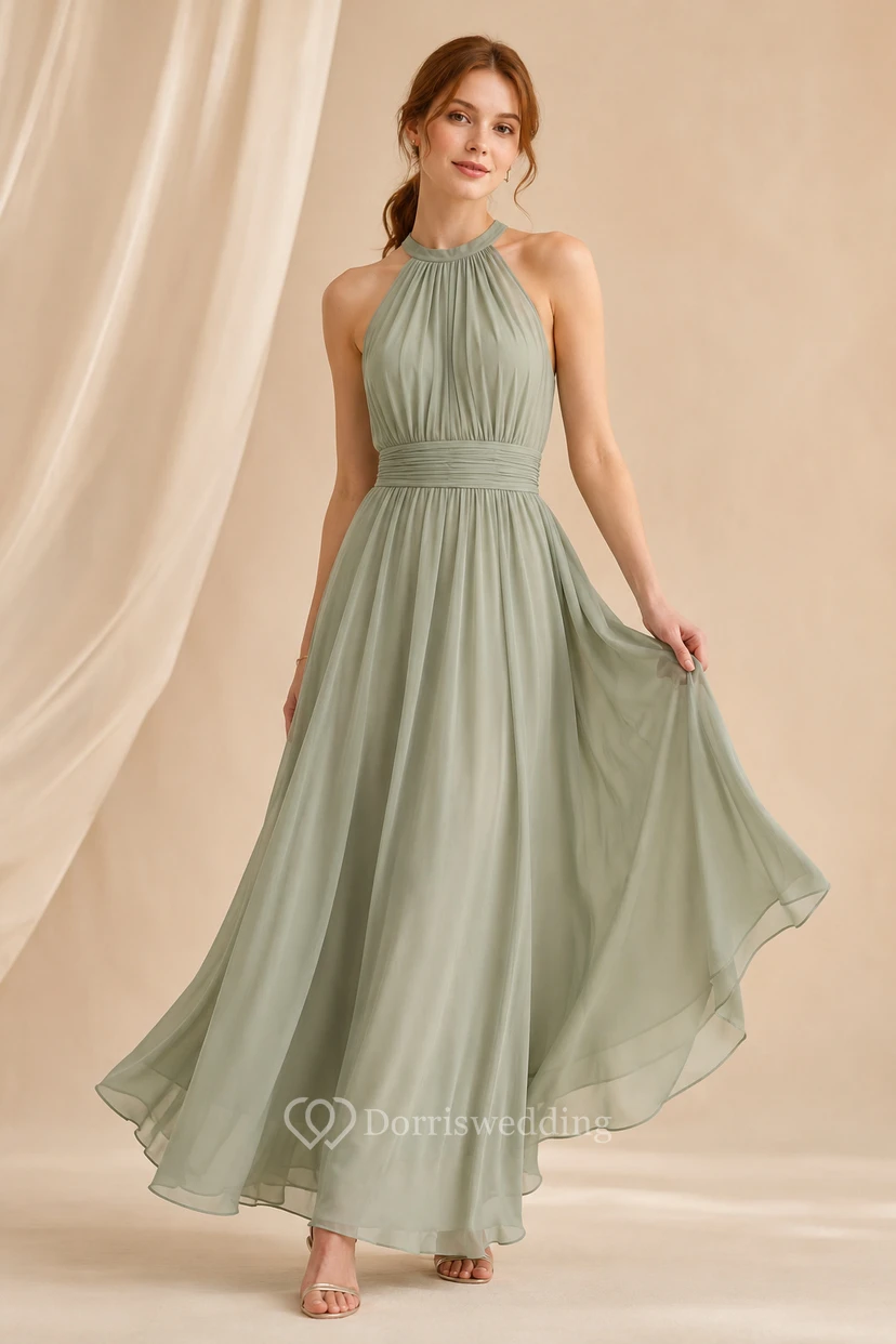 Sage Halter Chiffon Tea Length A-Line Bridesmaid Dress