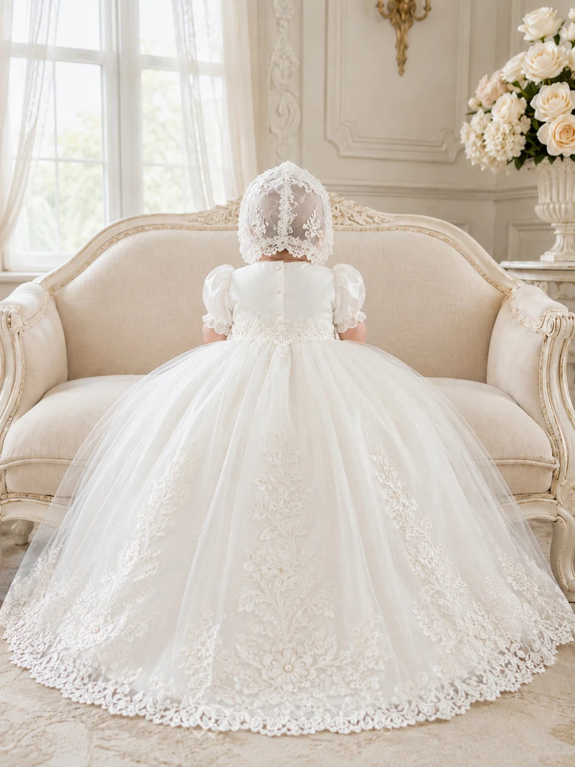 Regal Luxury Baby Baptism Christening Ceremony Gown Ball Gown Floor-Length Jewel Neck Puff Sleeve Tulle Lace Floral Applique Button Back view 2