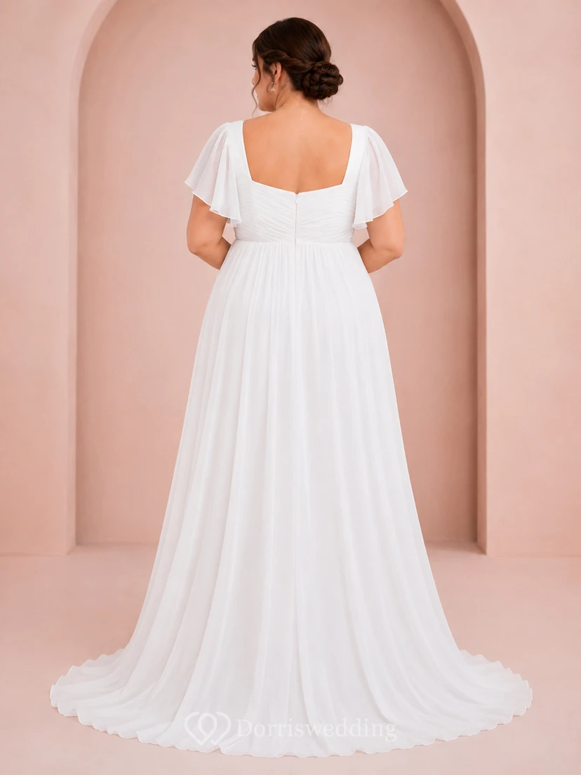 Vestido de novia de gasa de talla grande con cuello cuadrado y mangas con volantes view 2