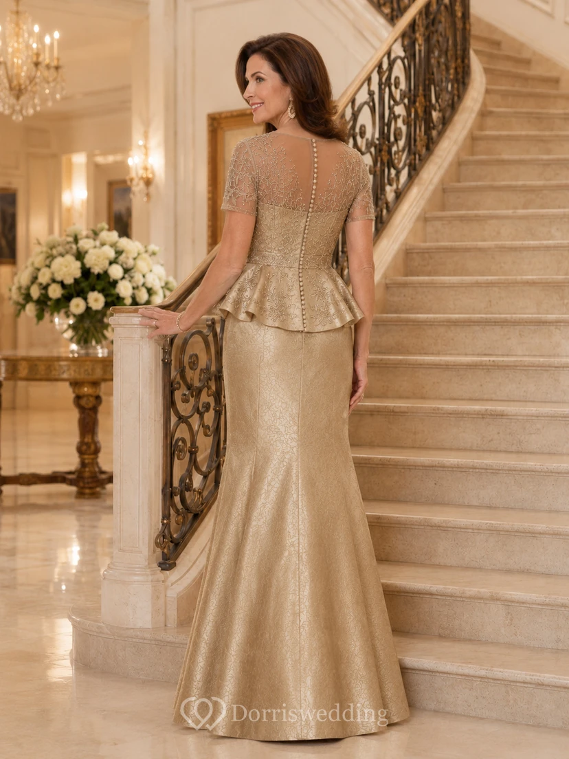 Antique Gold Elegant Scoop-Neck Metallic-Jacquard Mermaid Floor-Length Mother of the Bride Gown with Cap Sleeves and Peplum view 2