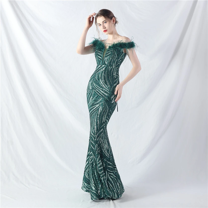 Robe de soirée haut de gamme à sequins, ornée d'un gilet à taille en arêtes de poisson et de plumes d'autruche. view 21