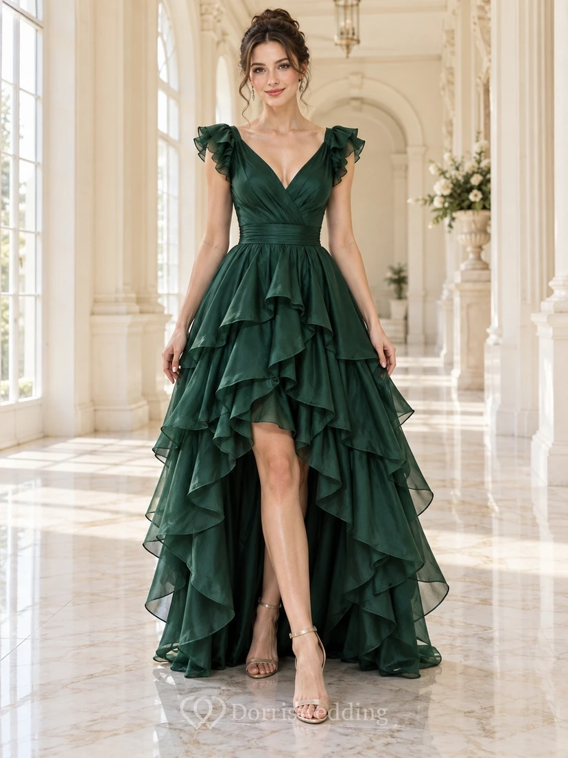 High-low Vintage Dark Green V-neck Ruffle Chiffon Long Prom Dress