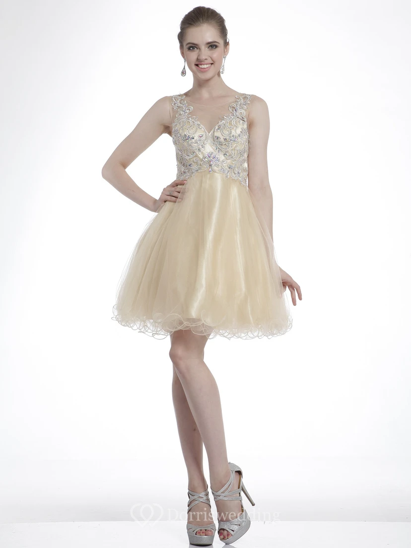 A-Linien-Kleid mit langem U-Boot-Ausschnitt, ärmellos, aus Tüll-Satin mit Illusionseffekt, Perlenstickerei und Rüschen view 3