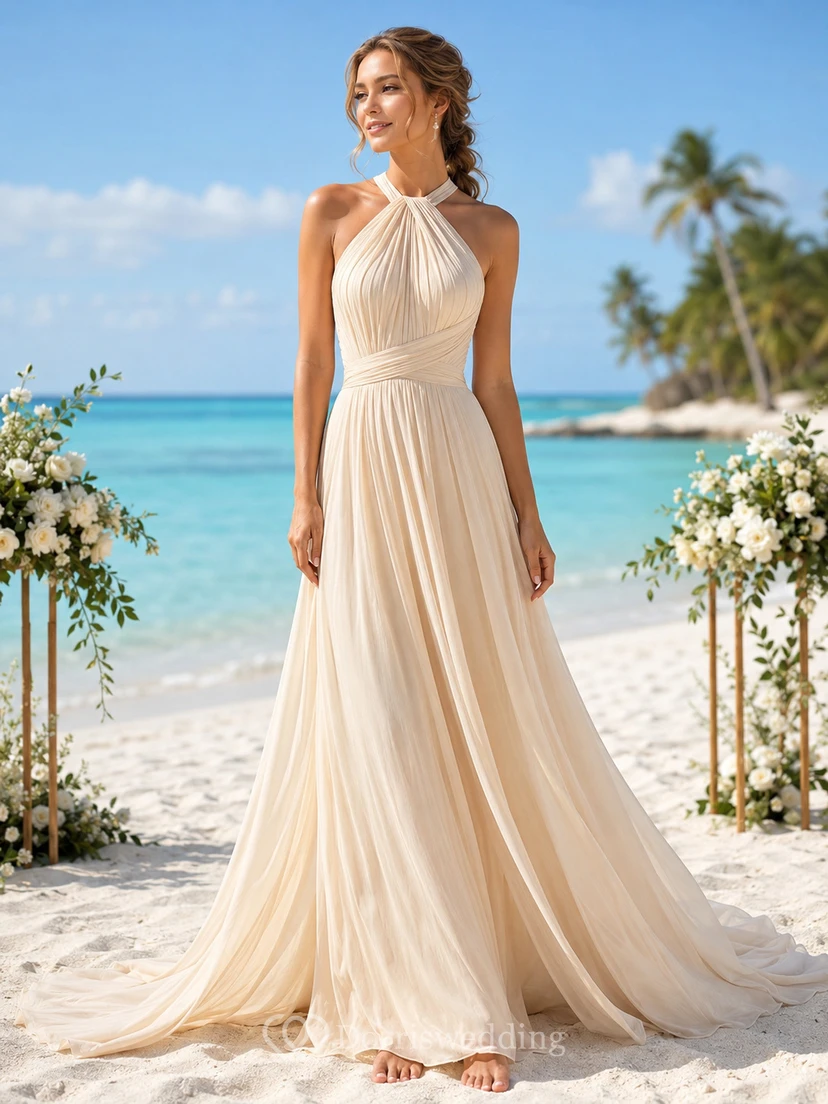 Champagne Beach Halter Chiffon A-Line Ocean Ceremony Dress