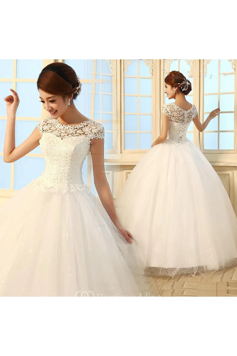 Gorgeous Cap Sleeve Lace Ball Gown Tulle Wedding Dresses Lace-up view 2