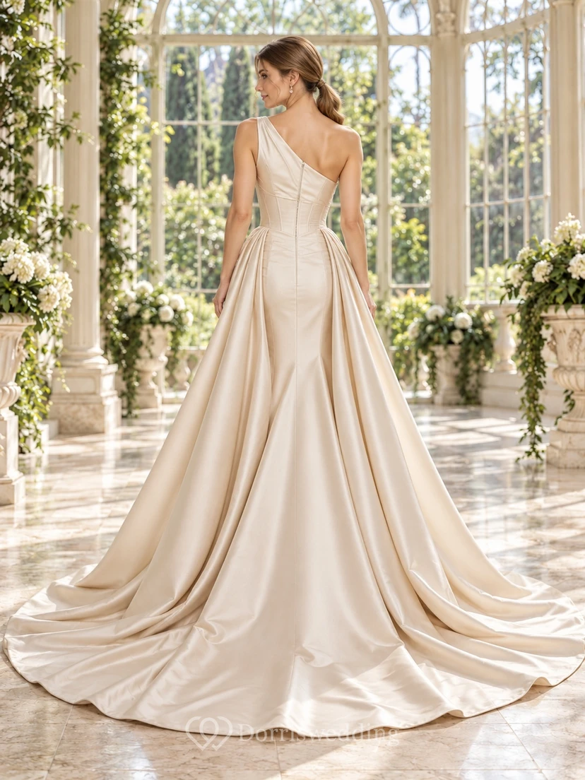 One Shoulder Champagne Sculpted Waist Satin Full Train Reception Bridal Gown view 2