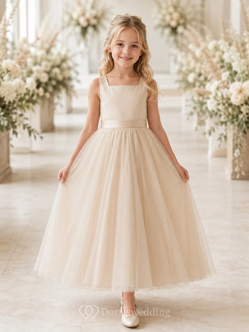 Blumenmädchenkleid aus elfenbeinfarbenem Tüll, A-Linie, eckiger Ausschnitt, Teelänge, plissiert