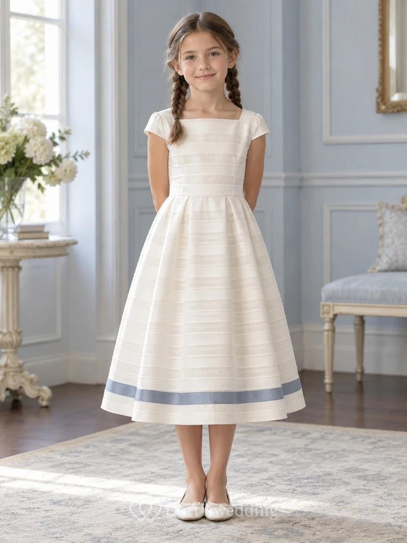 Square Neck Tea-length Ivory Textured Stripe Cap Sleeve Pleated Blue-Banded A-Line Flowergirl Dress