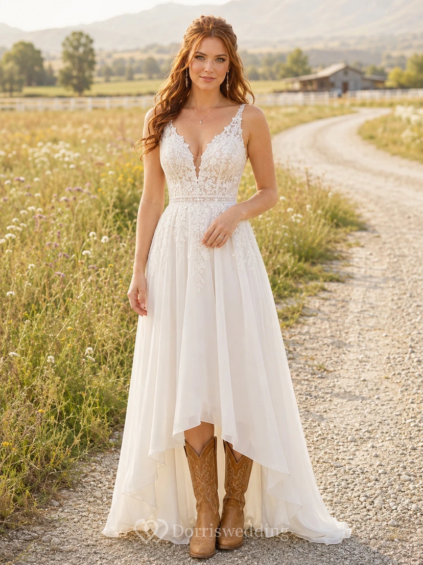 Robe de mariée de maternité, col carré, bretelles en dentelle, coupe trapèze, style jardin, jupe au sol
