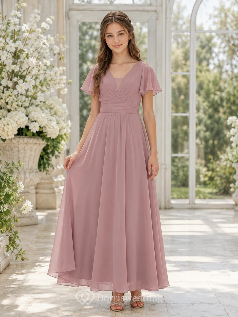Romantisches Vintage-Brautjungfernkleid in Mauve für junge Damen, A-Linie, V-Ausschnitt, kurze Ärmel