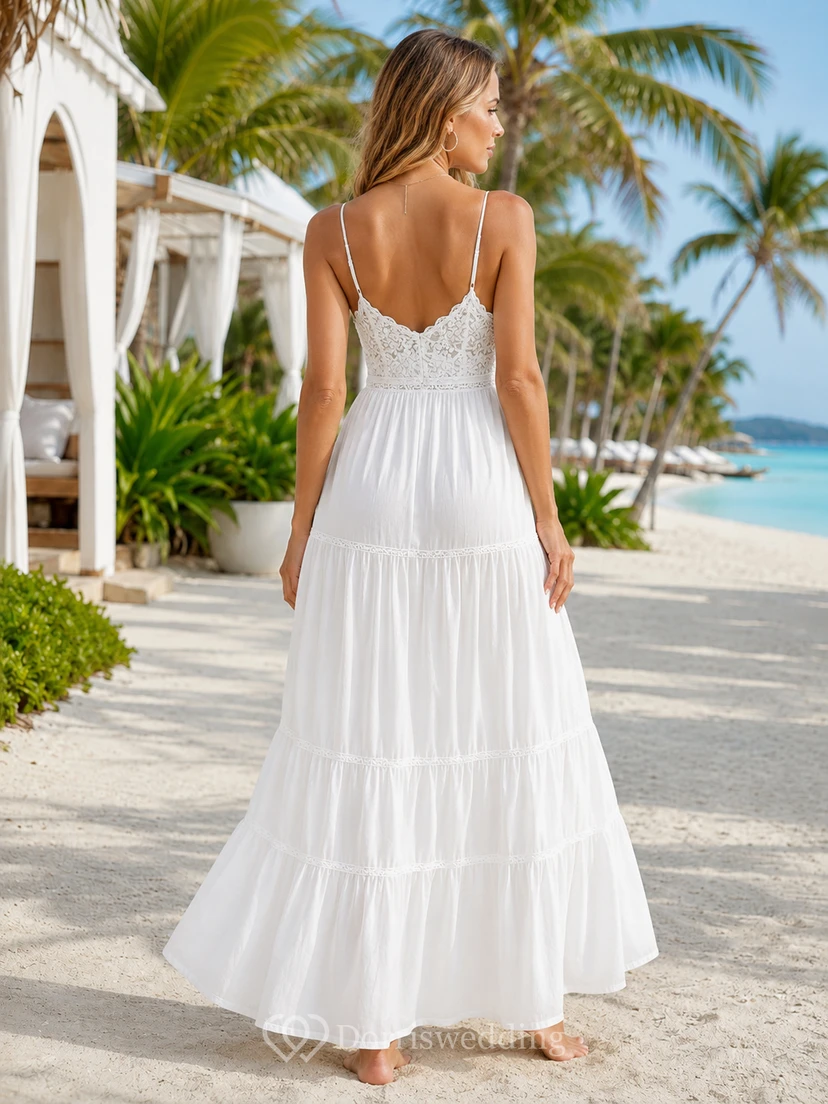 Vestido de novia de corte A con tirantes finos y volantes, estilo bohemio, ideal para resorts. view 2