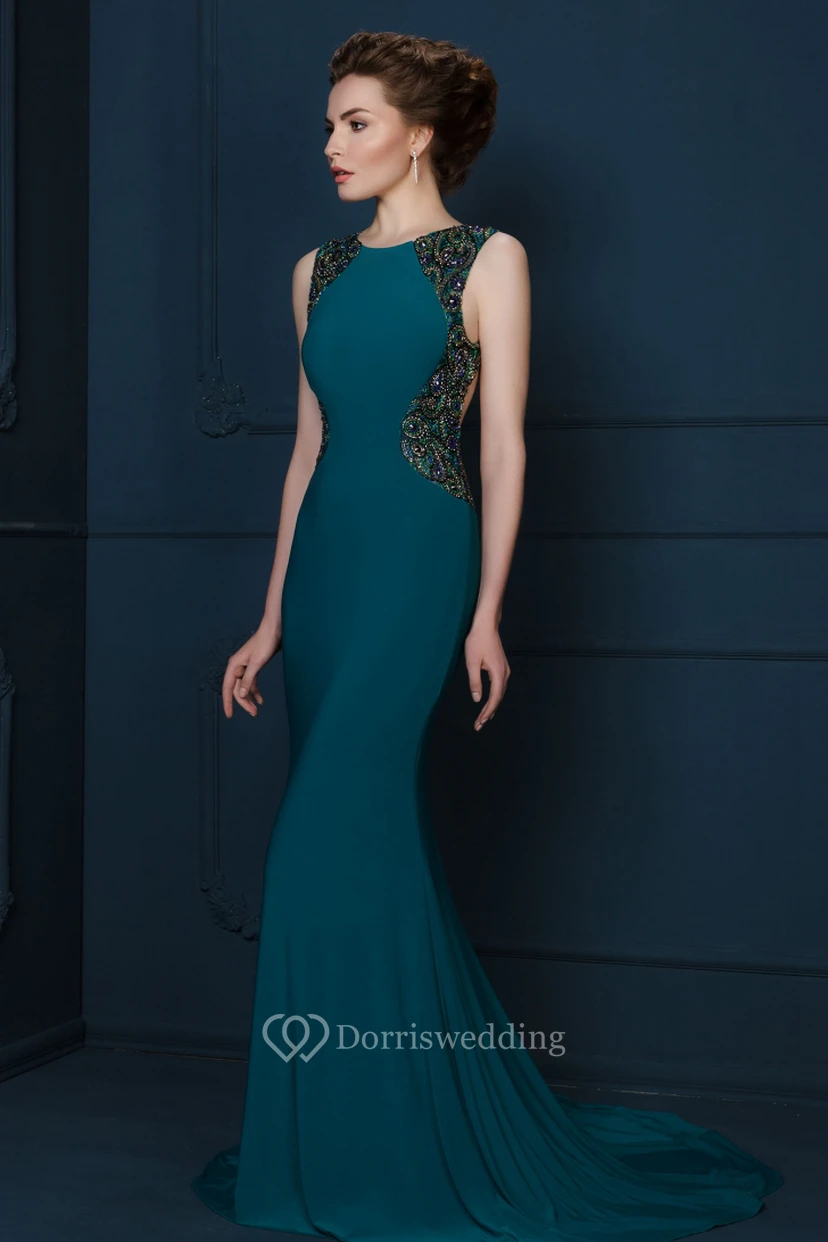 Sheath Long Beaded Scoop-Neck Sleeveless Jersey Evening Dress view 3