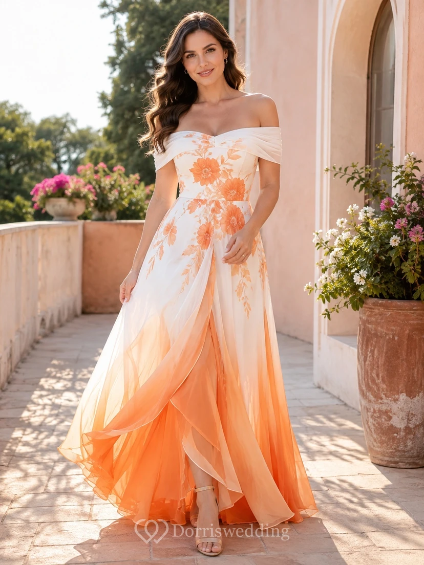 Robe de soirée romantique longue en mousseline à fleurs orange et blanche, épaules dénudées, coupe trapèze, style A, idéale pour une invitée.