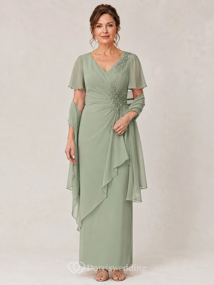 A-Linien-Chiffonkleid mit V-Ausschnitt, kurzen Ärmeln und Cape