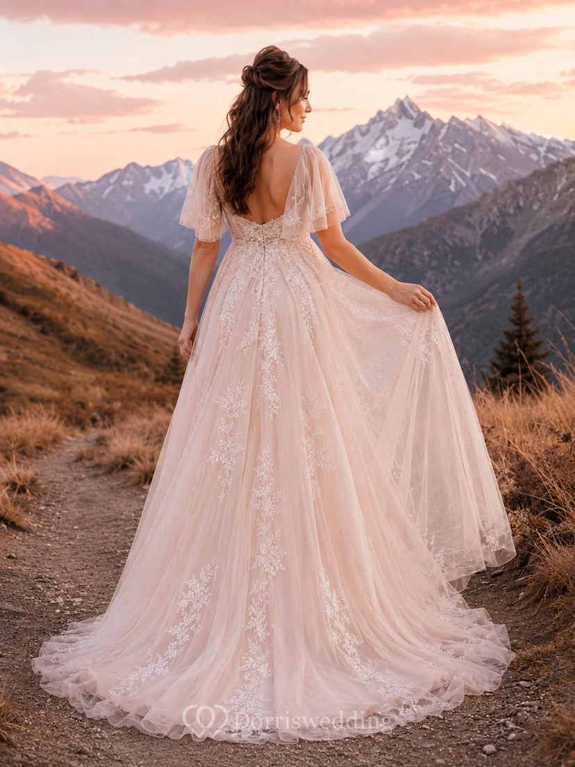 Maternity Wedding Dress Sweetheart Flutter Sleeve Lace Mountain Bridal Gown with Soft Train view 2