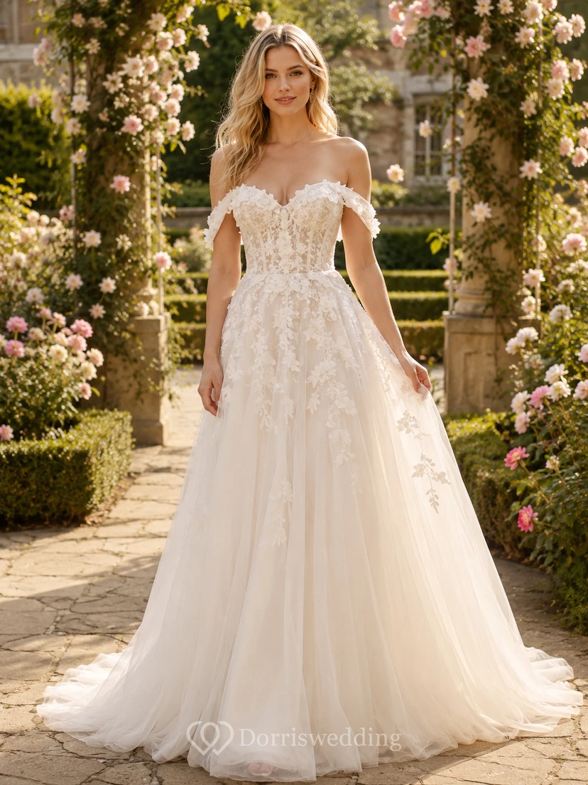 Vestido de novia de encaje, corte A, hombros descubiertos, largo hasta el suelo, con apliques y escote en V en la espalda.