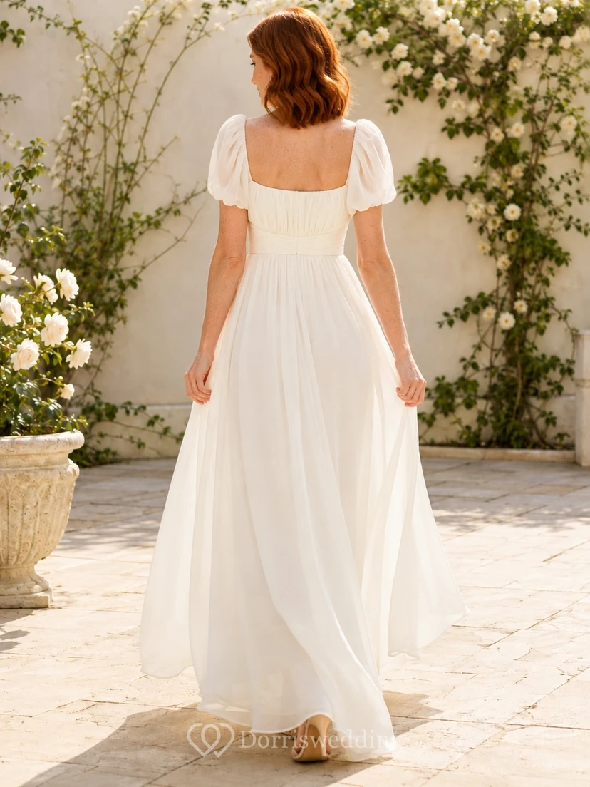 Romantic Square Neck Puff Sleeve Chiffon A-Line Floor-Length Garden Wedding Dress view 2
