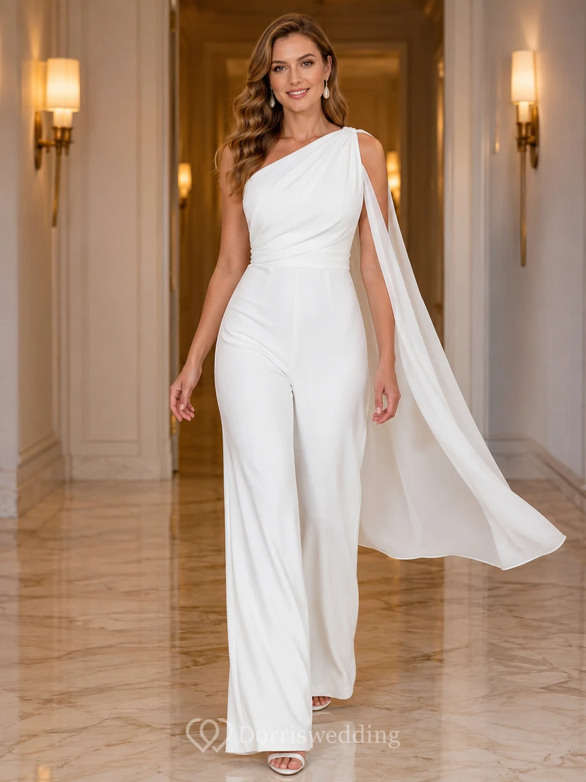 Luxuriöser Chiffon-Jumpsuit mit einseitiger Schulter, Cape und weitem Bein für standesamtliche Trauungen