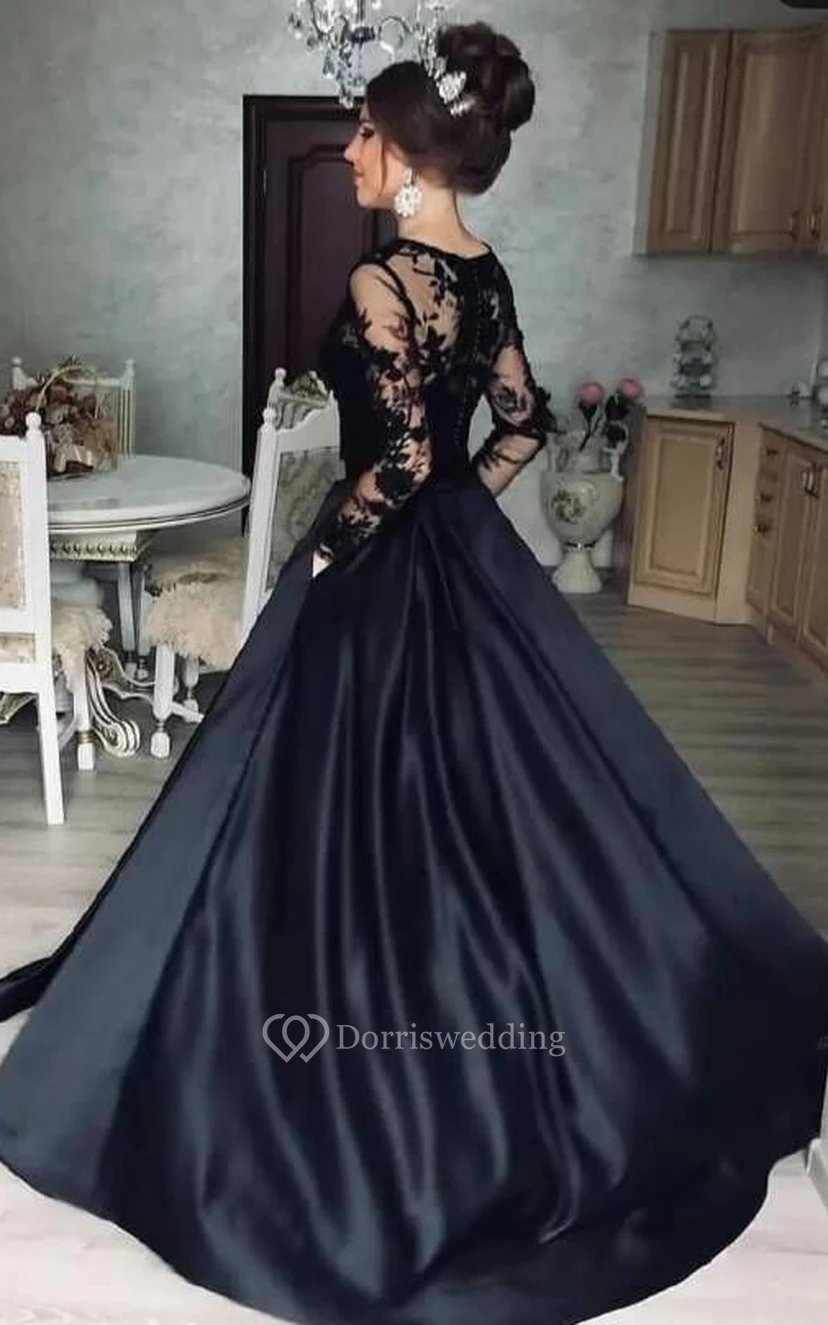 Schwarzes, elegantes Ballkleid mit langen Ärmeln, auch in großen Größen erhältlich, Gothic-Hochzeitskleid view 2