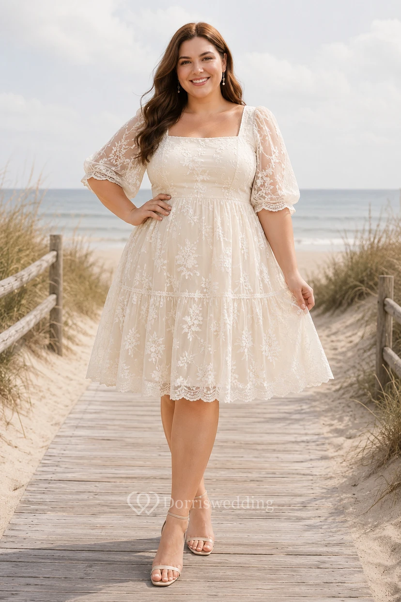 Robe de mariée grande taille à manches courtes en dentelle, longueur thé, jupe en tulle