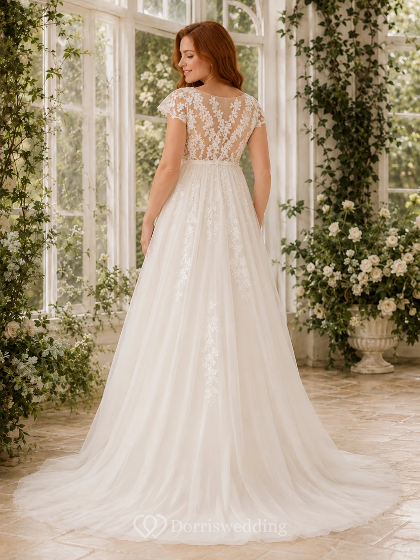 Umstands-Hochzeitskleid im A-Linien-Stil mit kurzen Ärmeln aus Spitze im Gewächshausstil view 2