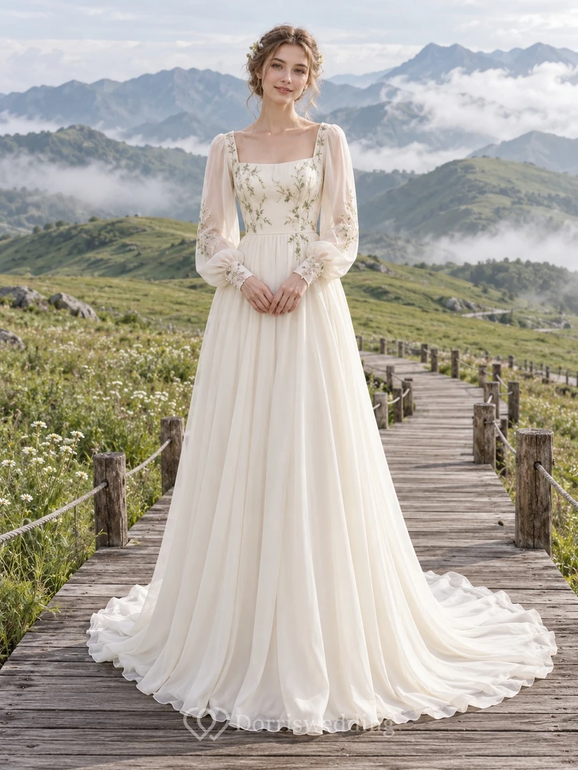Country Square Neck Long Sleeve Floral Bodice A Line Bridal Gown
