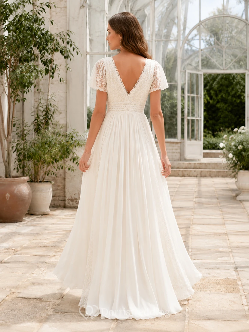 Affordable Bohemian V-Neck Short Illusion Sleeve Lace Chiffon Floor Length A-Line Wedding Dress view 2
