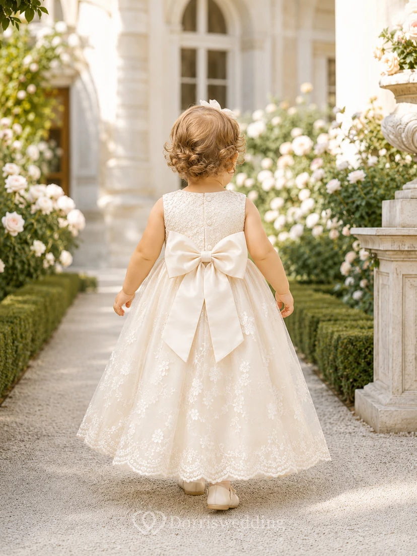 Baby Baptism Christening Ceremony Gown A-Line Tea-Length Jewel Neck Sleeveless Tulle Lace Bow Back Button Back view 2