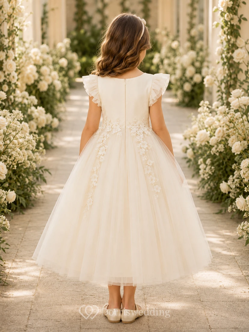 Blumenmädchenkleid aus elfenbeinfarbener Spitze und Tüll, A-Linie, Rundhalsausschnitt, Teelänge view 2