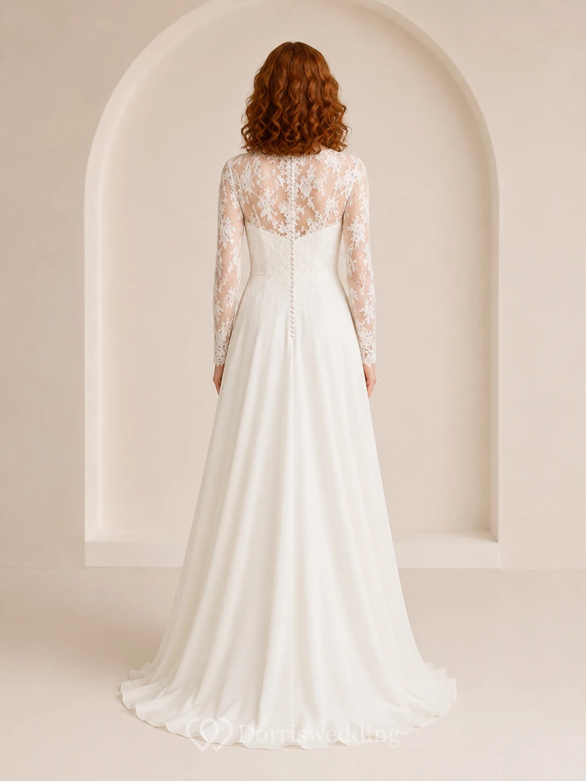 Simple Long Sleeve Lace Bateau A-Line Studio Bridal Gown view 2