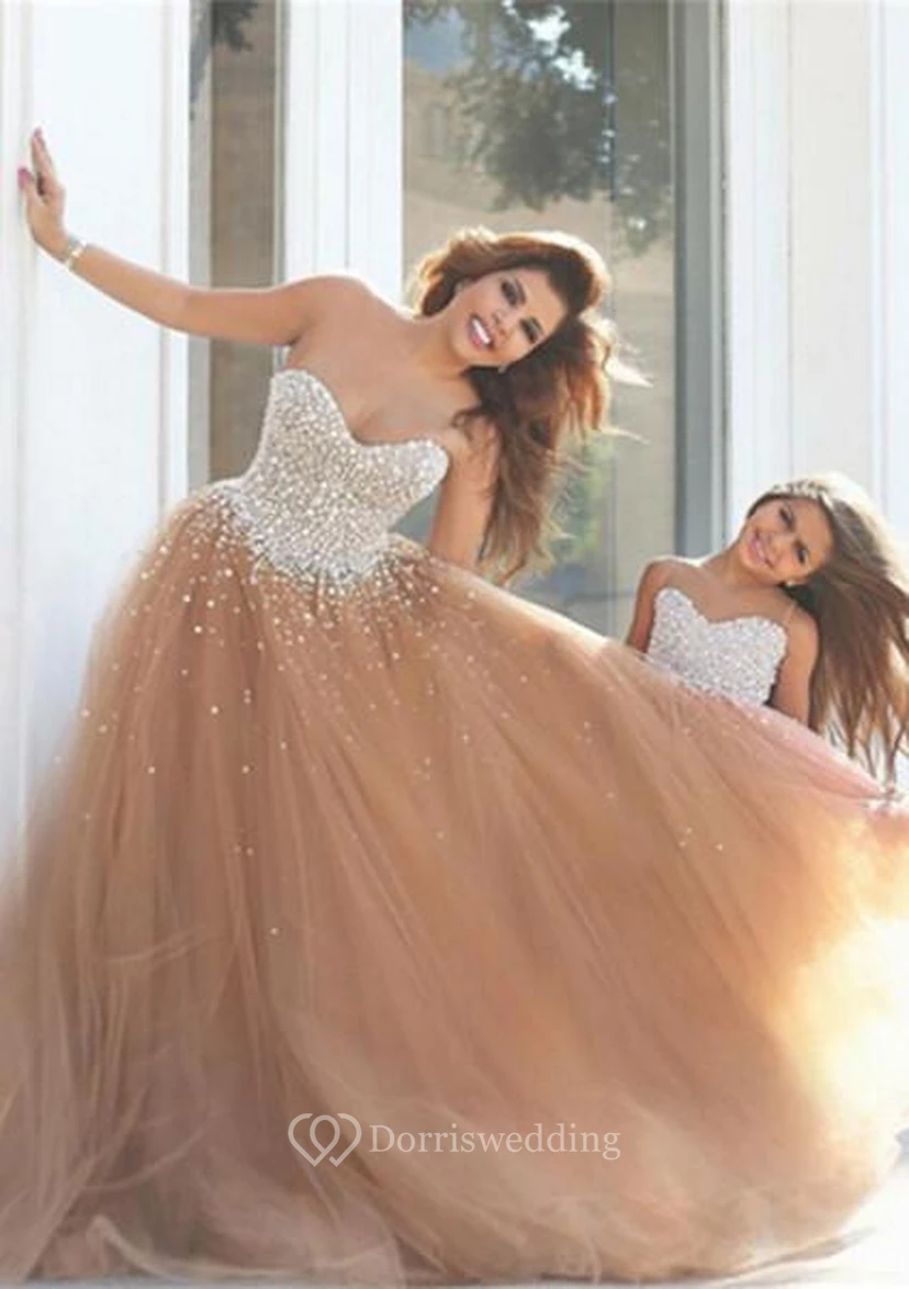 Wunderschöne Ballkleider mit Herzausschnitt und Perlenstickerei, Tüllkleid für Mutter und Tochter