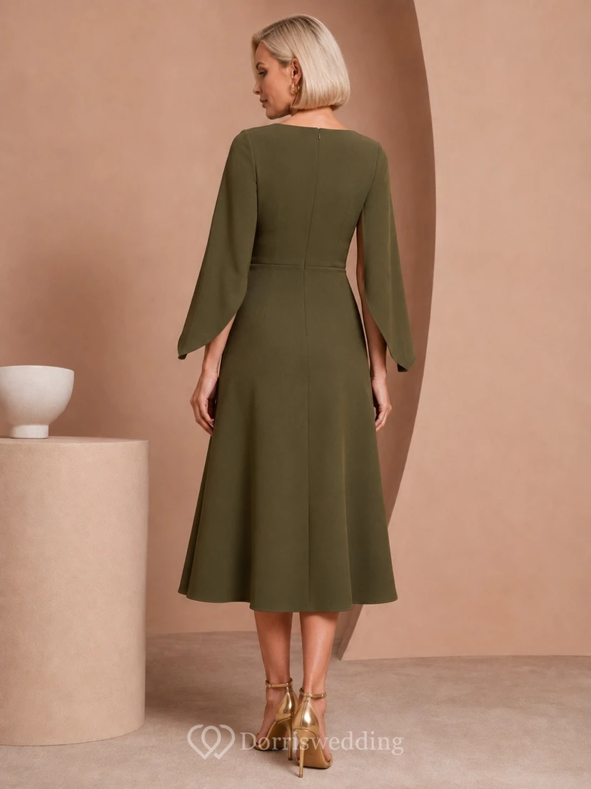 Olive Green V-Neck Bell Sleeve Midi A-Line Formal Dress view 2