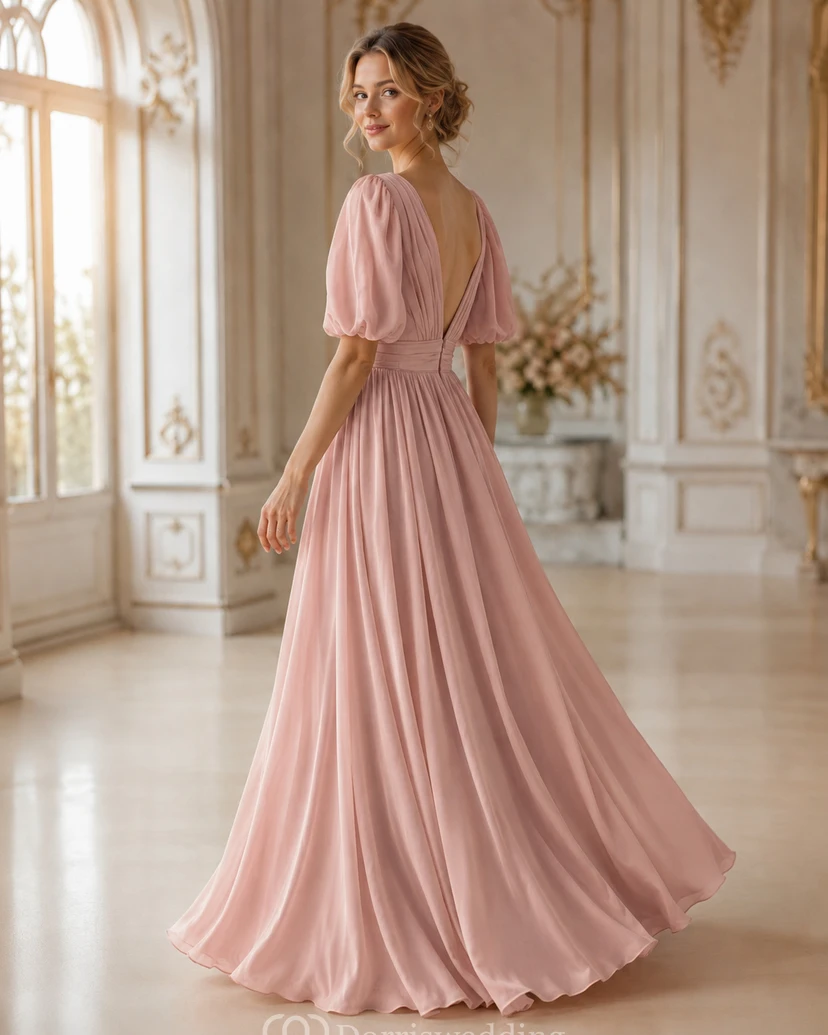 Vestido de dama de honor de gasa plisada de manga larga con escote pronunciado y falda abullonada, color rosa empolvado. view 2