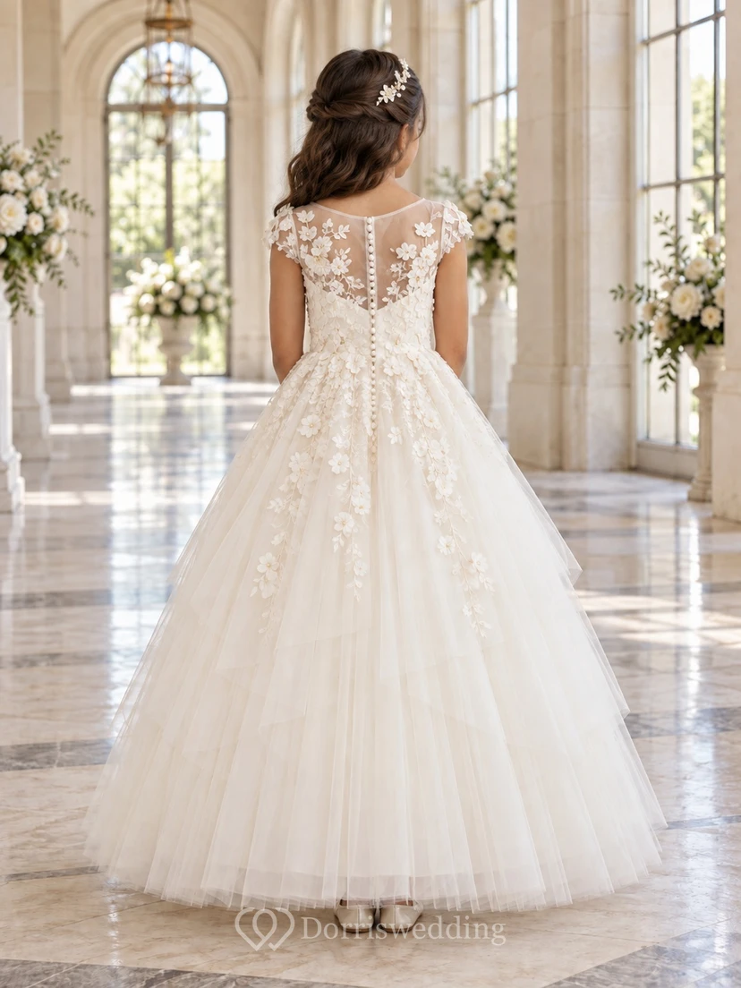 Ivory Ball-gown Lace Tulle Floor-length Cap-sleeve Illusion Appliqued Flower Girl Dress view 2