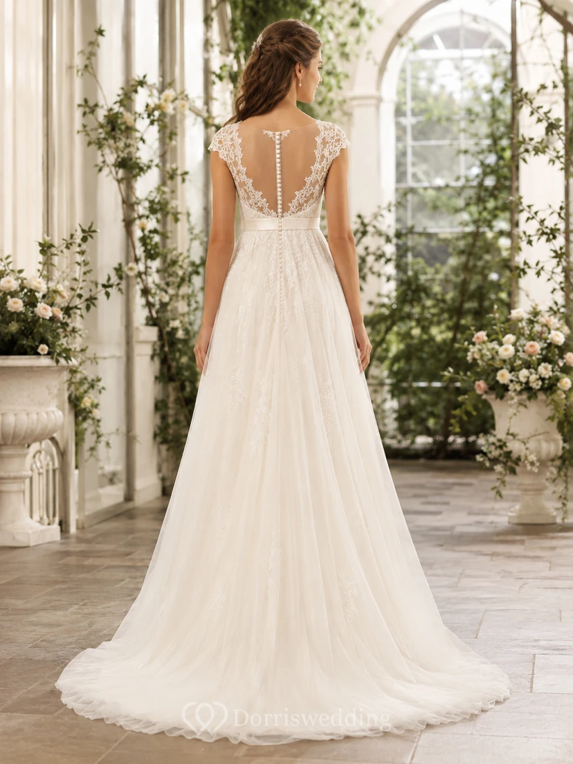 Romantic Scoop Neck Lace Wedding A Line Empire Cap Sleeve Sweep Train view 2