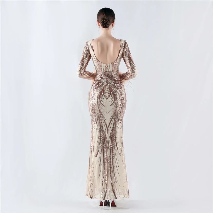 Robe de soirée haut de gamme ornée de perles florales fixes et de poils d'autruche, hôte de la réunion annuelle d'hiver view 60