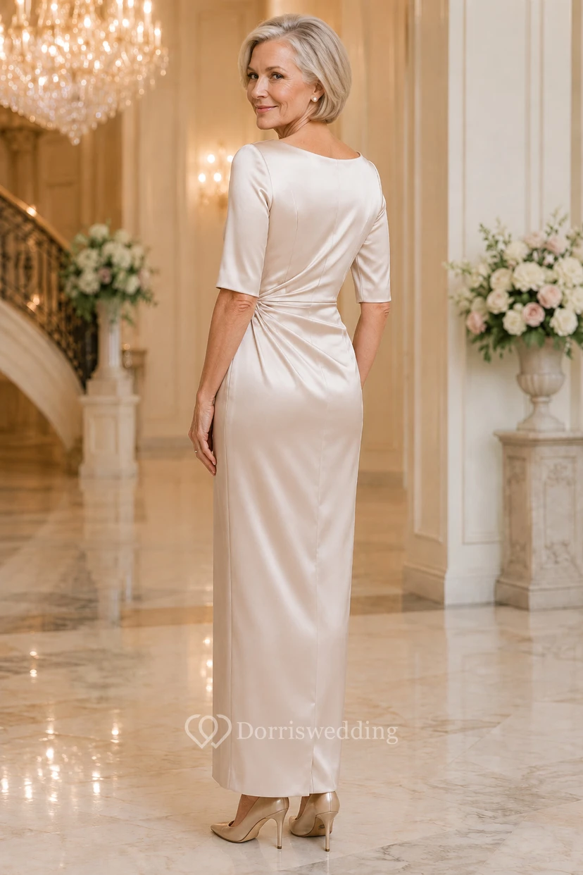 Champagne Satin Cowl Neck Mother Dress with Split Front view 2