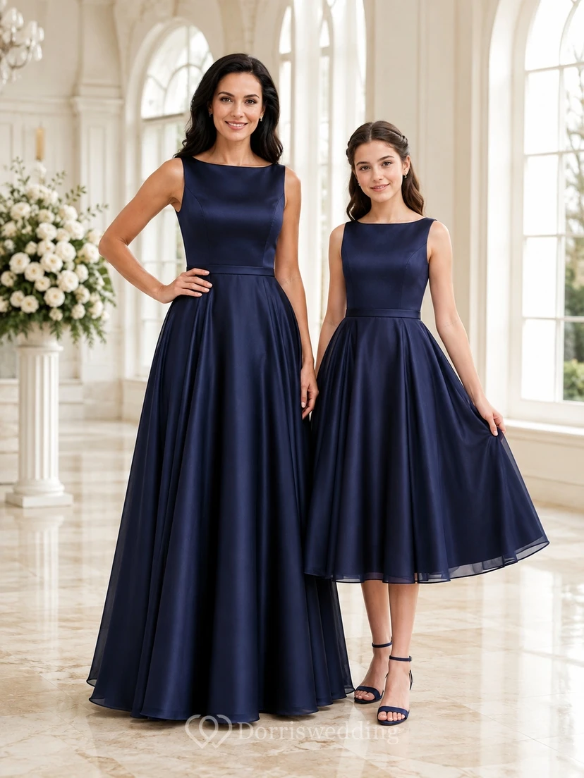 Dunkelblaues, elegantes Brautjungfernkleid für junge Frauen in A-Linie mit Schmucksteinen, ärmellos, aus Satin