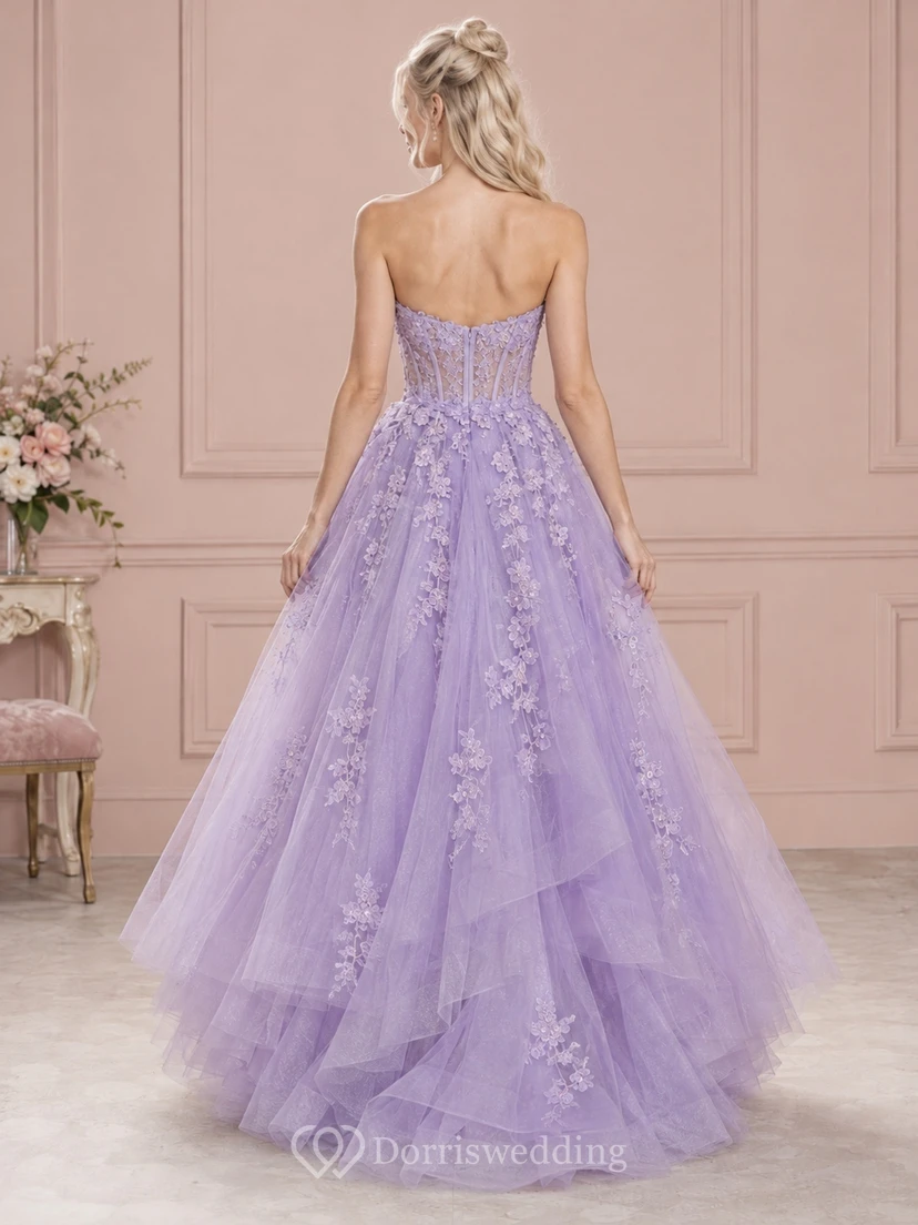 High-low Lavender Strapless Sweetheart Floral Tulle Corset Prom Dress view 2