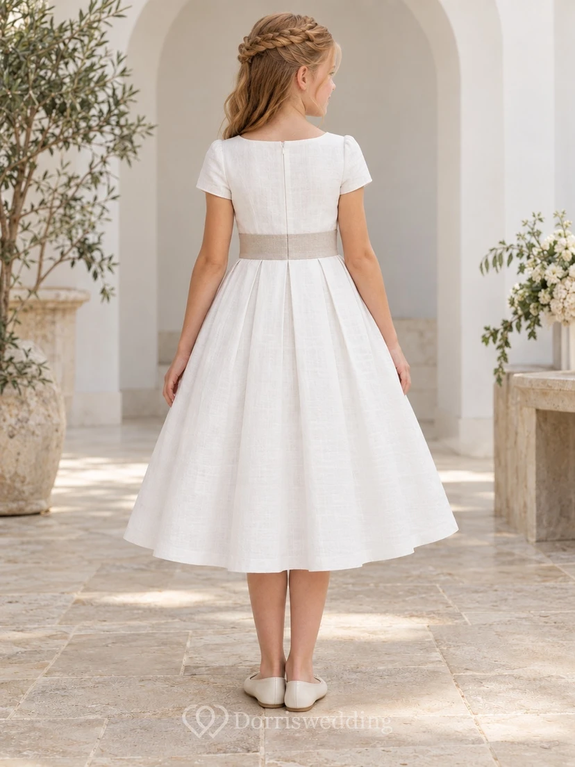 Simple Modest White Tea-length Short Sleeve Taupe Sash Narrow Pleat Flower Girl Dress view 2