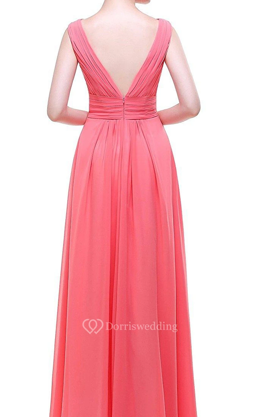 Pink Empire V-neck Beaded A-line Chiffon Dress With Low-v Back view 2