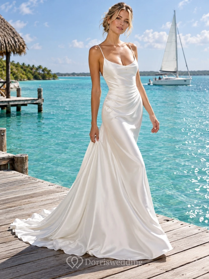 Mermaid Cowl Neck Charmeuse Wedding Dress with Ruched Waist and Thin Straps