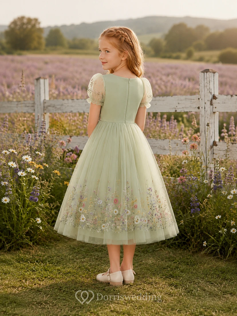 Sage Floral Embroidery Tulle Flower Girl Tea-Length Puff Sleeve Garden Dress view 2