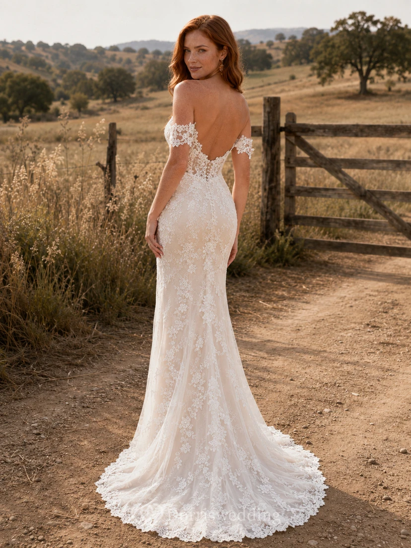 Country Lace Wedding Dress Mermaid Off Shoulder Chapel Train Low V Back Bridal Gown view 2