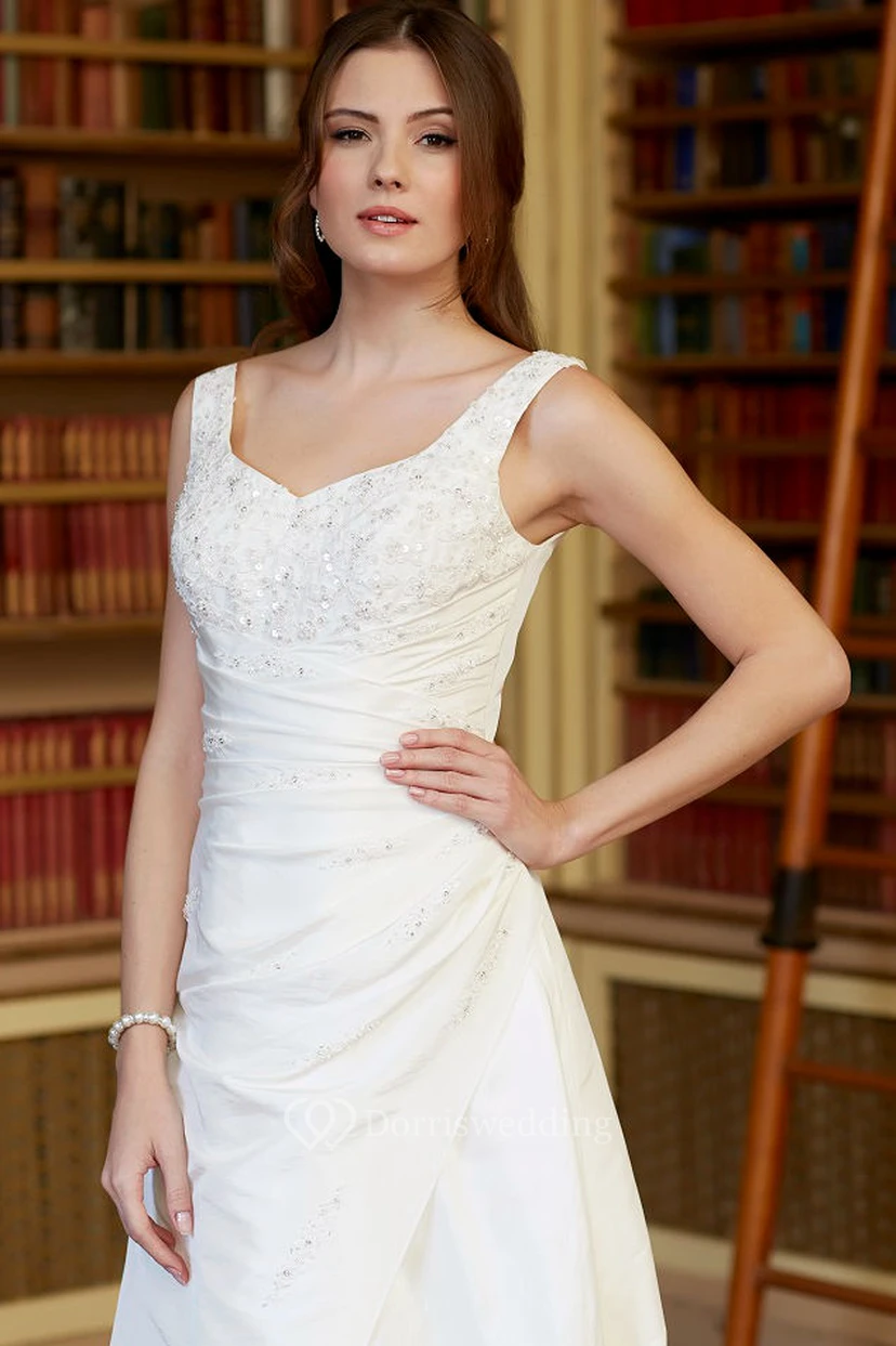 A-Line Long Beaded V-Neck Sleeveless Satin Wedding Dress With Low-V Back And Side Draping view 3